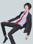  1boy adachi_tooru belt black_hair black_jacket black_pants blue_socks brown_belt business_suit closed_mouth collared_shirt commentary_request foot_out_of_frame full_body grey_background hand_on_own_leg highres invisible_chair jacket leaning_back long_sleeves looking_at_viewer male_focus momotamago necktie no_shoes open_clothes open_jacket pants persona persona_4 red_necktie shirt short_hair simple_background sitting socks solo suit white_shirt 