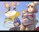  absurd_res animal_crossing ankha_(animal_crossing) anthro beach belly big_belly bikini breasts canid canine canis chubby_female clothing domestic_cat domestic_dog duo felid feline felis female genitals hi_res human isabelle_(animal_crossing) low-angle_view mammal nintendo okgaki pussy seaside slightly_chubby speech_bubble swimwear 