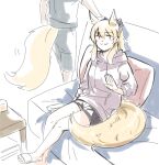  1girl :3 absurdres animal_ear_fluff animal_ears arknights black_bow black_shorts blemishine_(arknights) blonde_hair bow brown_hoodie couch hair_between_eyes hair_bow highres hood hoodie horse_ears horse_girl horse_tail legs long_hair long_sleeves looking_at_viewer on_couch orange_eyes patting ponytail seung-aeja shorts sitting sketch smile smug solo_focus tail 