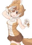  1girl animal_ears bare_shoulders blush brown_eyes brown_hair brown_shirt brown_skirt brown_thighhighs cowboy_shot dhole_(kemono_friends) dog_ears dog_girl dog_tail extra_ears gloves hair_between_eyes highres houkokukokui kemono_friends light_brown_hair looking_at_viewer one_eye_closed open_mouth pleated_skirt shirt sidelocks skirt sleeveless solo tail thighhighs two-tone_shirt white_gloves white_hair white_shirt zettai_ryouiki 
