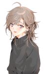  1boy ahoge black_sweater brown_hair ear_piercing grey_eyes half_updo highres hutondeoyasumi kanae_(nijisanji) looking_at_viewer male_focus medium_hair mole mole_under_eye nijisanji open_mouth piercing short_ponytail smile solo sweater turtleneck turtleneck_sweater virtual_youtuber 