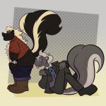  anthro boots bottomwear butt_sniffing clothed clothing duo eyewear footwear glasses hi_res joesanchez male male/male mammal mephitid necktie nose_to_anus pants raised_tail skunk skunk_tail sniffing tail tongue tongue_out undressing 