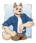  anjing_kampuss anthro blue_eyes canid canine canis clothed clothing domestic_dog fingers fur grey_(anjing_kampuss) hi_res inner_ear_fluff male mammal smile solo tail tuft 