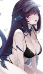  1girl absurdres au_ra bare_shoulders bikini black_bikini black_hair black_headwear blunt_bangs blush breasts cleavage commission dragon_girl dragon_horns dragon_tail final_fantasy final_fantasy_xiv highres horns large_breasts long_hair looking_at_viewer purple_eyes scales shhilee simple_background skeb_commission solo swimsuit tail tongue tongue_out visor_cap warrior_of_light_(ff14) wet white_background 