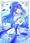  1girl anchor bangs blue_eyes blue_hair blush bouquet character_request choker dress dress_flower elbow_gloves fish flower gloves hair_flower hair_ornament highres holding holding_bouquet holding_flower indie_virtual_youtuber layered_dress long_hair midori_miyako off-shoulder_dress off_shoulder open_mouth ribbon smile solo steering_wheel virtual_youtuber water_drop 