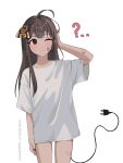  1girl ? ahoge animal_on_head arm_at_side artist_name bandaid bandaid_on_arm bandaid_on_cheek bandaid_on_face bandaid_on_leg bare_legs black_nails brown_hair bug cable cable_tail closed_mouth commentary cowboy_shot electric_plug hand_on_own_head hand_up highres long_hair mechanical_tail mole mole_under_eye moth nail_polish on_head one_eye_closed original oversized_clothes oversized_shirt red_eyes scratching_head shirt simple_background solo straight_hair symbol-only_commentary t-shirt tail thighs vickie_(cryingrobot) vickie_(cryingrobot)_(character) white_background white_shirt 