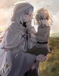  1boy 1girl :o aged_down ahoge artoria_pendragon_(fate) black_shirt brown_footwear brown_pants capelet carrying center_frills child_carry cloud fate/grand_order fate_(series) female_child frills from_side grass green_eyes grey_shirt hair_between_eyes highres hood hood_up hooded_capelet long_hair looking_ahead looking_to_the_side medium_hair merlin_(fate) nayu_tundora pants parted_lips profile purple_eyes robe shirt shoes smile turtleneck upper_body white_capelet white_hair white_robe wide_sleeves 