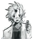  1boy aiming aiming_at_viewer blood blood_from_mouth glasses gun gunshot_wound highres holding holding_gun holding_weapon injury kanou_aogu lab_coat liubi looking_at_viewer male_focus monochrome open_mouth rectangular_eyewear saibou_shinkyoku shirt short_hair simple_background sketch smile solo weapon white_background 