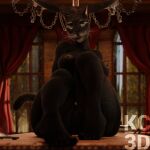  3d_(artwork) absurd_res anthro aziya_(kc3d) barely_visible_genitalia barely_visible_pussy bethesda_softworks black_body black_fur blue_eyes breasts butt chandelier digital_media_(artwork) feet felid feline female fur furniture genitals hi_res humanoid_feet inside kc3d khajiit looking_at_viewer mammal nipples nude plantigrade pussy sitting sitting_on_table solo table the_elder_scrolls thick_thighs 