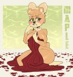  animal_crossing anthro areola bear big_breasts blush blush_lines bow_on_head breasts brown_areola brown_body brown_fur brown_lipstick brown_nails colored_nails covering covering_self dipstick_limbs ear_piercing eyelashes female fur gem green_background green_eyes grey_background head_tuft hi_res huge_breasts jewelry kneeling looking_at_viewer mammal maple_(animal_crossing) mature_female nails necklace nintendo pearl_(gem) pearl_necklace petals piercing raccoon_sama rose_petals rosy_cheeks simple_background smile solo tan_body tan_bow tan_fur text thick_thighs tuft wide_hips 