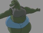  anthro big_breasts big_butt breasts butt clothed clothing crocodile crocodilian crocodylid female hi_res huge_butt looking_at_viewer looking_back musclegut muscular muscular_female olive_(sbeve_wagon) overweight overweight_female red_eyes reptile sbeve_wagon scalie simple_background solo teeth thick_thighs 
