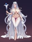  1girl barefoot blue_gemstone breast_curtains breasts elf feng_mouren full_body gem gem_hair_ornament gradient_background grey_hair highres holding holding_staff horns huge_breasts long_hair navel nipples original pelvic_curtain phallic_symbol pink_nails pointy_ears pussy red_eyes revealing_clothes simple_background solo staff standing thick_thighs thighs very_long_hair white_hair wide_hips 