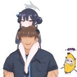  1boy 1girl 2girls banana_costume black_hair butterfly_hair_ornament chinese_clothes double_bun dress gloves hair_bun hair_ornament halo highres hina_(blue_archive) kisaki_(blue_archive) multiple_girls ro_(aahnn) sensei_(blue_archive) sitting_on_shoulder tearing_up twintails white_background 