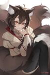 1girl airi_(floofytail) animal_ear_fluff animal_ears brown_hair brown_tail fox_ears fox_girl fox_tail hair_between_eyes highres holding holding_own_tail looking_at_viewer multiple_tails original shirt simple_background smile solo tail white_shirt yuuki_uyu 