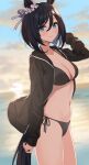  1girl animal_ears asato_(fadeless) bikini black_bikini black_hair black_jacket blue_eyes breasts cleavage ear_ornament eishin_flash_(umamusume) feet_out_of_frame highres horse_ears horse_girl jacket large_breasts long_sleeves looking_at_viewer navel ocean open_clothes open_jacket outdoors short_hair side-tie_bikini_bottom sky solo standing swimsuit tail umamusume 