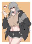  1girl absurdres black_jacket black_shorts border breasts brown_shirt closed_mouth collarbone commission dogs_(dlrkdejr26) dolphin_shorts grey_eyes grey_hair hair_between_eyes hand_in_pocket hand_up highres hood hood_down hooded_jacket jacket large_breasts long_hair long_sleeves looking_at_viewer midriff navel open_clothes open_hand open_jacket orange_background original shirt shorts simple_background solo thighs upper_body white_border 