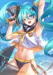  1girl ;d aqua_eyes aqua_hair aqua_nails arm_up armpits bare_shoulders bikini bikini_bottom_only black_bikini black_sailor_collar blue_sky blush bracelet breasts cloud commentary_request crop_top crop_top_overhang day drill_hair groin hair_between_eyes hatsune_miku highres holding holding_megaphone inflatable_shark inflatable_toy inue_ao jewelry long_hair looking_at_viewer medium_breasts megaphone midriff navel neckerchief one_eye_closed open_mouth sailor_collar shirt sidelocks sitting sky smile solo swimsuit thigh_strap twin_drills twintails very_long_hair vocaloid water_drop white_shirt yellow_neckerchief 