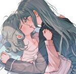  2girls aqua_hair arm_support bang_dream! black_sweater blush closed_eyes collarbone commentary dutch_angle green_eyes hair_between_eyes heart highres hikawa_hina hikawa_sayo hug imminent_kiss incest long_hair long_sleeves looking_at_another medium_hair multiple_girls open_mouth parted_lips pillow shade shirt siblings sidelocks simple_background spoken_heart sweatdrop sweater twincest twins upper_body white_background white_shirt yuri zihacheol 