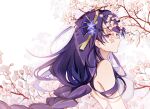  1girl absurdres bare_shoulders blunt_bangs braid cherry_blossoms dress duhujiujian genshin_impact hair_ornament highres long_braid long_hair looking_to_the_side purple_eyes purple_hair raiden_shogun simple_background solo tree tree_shade white_background white_dress 