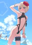  1boy bare_shoulders beach belly bikini black_bikini blonde_hair blue_eyes blue_sky cloud commission crossdressing flower foreskin hair_flower hair_ornament highleg highres homare_nao looking_at_viewer looking_down male_focus medium_hair mubo navel otoko_no_ko outdoors people phimosis pixiv_commission red_flower sky smile swimsuit taimanin_(series) taimanin_rpgx water 