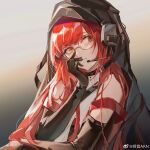  1girl black_gloves commentary_request elbow_gloves erika_(girls&#039;_frontline_nc) girls&#039;_frontline girls&#039;_frontline_neural_cloud glasses gloves gradient_background hand_on_own_face headset heterochromia highres long_hair looking_at_viewer mingyin_akn red_eyes red_hair smile solo upper_body weibo_username yellow_eyes 