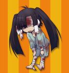  1girl bandage_over_one_eye bandaged_arm bandaged_leg bandages barefoot black_hair blood blood_on_bandages collarbone enomoto_takane full_body gamiko_chopin hair_over_one_eye japanese_clothes kagerou_project long_hair orange_background solo striped striped_background tongue tongue_out twintails 