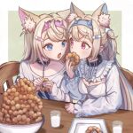  2girls animal_ear_fluff animal_ears belt_collar black_collar blonde_hair blue_eyes blue_hair blue_nails blush collar dog_ears dog_girl doughnut dress food fuwawa_abyssgard hair_ornament hairpin holding_doughnut hololive hololive_english looking_at_another mococo_abyssgard multicolored_hair multiple_girls nail_polish open_mouth pink_eyes pink_hair pink_nails pon_de_ring shirt siblings sidelocks sisters spiked_collar spikes streaked_hair twins two_side_up virtual_youtuber white_dress white_shirt x_hair_ornament yuri_yone 