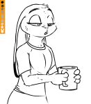  anthro beverage clothing coffee disney ears_down female judy_hopps lagomorph leporid lidded_eyes line_art mammal open_mouth pivoted_ears rabbit shirt simple_background solo spoof_(artist) t-shirt tired_eyes topwear white_background zootopia 