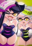 2girls ;d adapted_costume animal_ears arms_behind_back ass_visible_through_thighs bare_shoulders black_hair black_leotard bow-shaped_hair breasts callie_(splatoon) cleavage cousins cross-shaped_pupils detached_collar fangs gloves gradient_background green_thighhighs grey_hair highres leotard long_hair marie_(splatoon) medium_breasts mole mole_under_eye multiple_girls muramasa_mikado one_eye_closed open_mouth orange_pupils pink_lips pointy_ears purple_thighhighs short_hair smile splatoon_(series) splatoon_1 strapless strapless_leotard symbol-shaped_pupils teeth tentacle_hair thighhighs thighs white_gloves yellow_eyes 