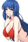  1girl alternate_costume bangs bare_shoulders bikini blue_eyes blue_hair breasts caeda_(fire_emblem) cleavage commentary_request fire_emblem fire_emblem:_shadow_dragon_and_the_blade_of_light grin hand_up highres large_breasts long_hair looking_at_viewer navel nirainini red_bikini simple_background smile solo stomach swimsuit upper_body v very_long_hair white_background 