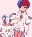  1girl alternate_color blue_hair blush closed_mouth commentary_request glasses grey_eyes highres hood hoodie long_sleeves multicolored_hair pantyhose penny_(pokemon) pink_pantyhose poke_ball_print pokemon pokemon_(creature) pokemon_(game) pokemon_masters_ex red_hair round_eyewear see-through see-through_skirt short_hair shorts shorts_under_skirt skirt sylveon two-tone_hair tyako_089 white_shorts 