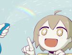  +_+ 1boy 1other absurdres ahoge avogado6 blue_background blush commentary_request hair_between_eyes hand_up hands_up highres holding holding_hose hose light_brown_hair looking_to_the_side open_mouth original pointing rainbow shirt short_hair short_sleeves simple_background smile solo_focus sparkle star_(symbol) t-shirt tongue upper_body water yellow_eyes yellow_shirt 