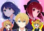  1boy 4girls @_@ ahoge arima_kana beret black_bow black_sweater_vest blonde_hair blue_eyes blue_hair blue_headwear blue_jacket blunt_bangs blush bob_cut bow bowtie brother_and_sister closed_mouth collared_shirt commentary demon_horns dress_shirt fake_horns fang floating_hair hair_between_eyes hat hat_bow highres horns hoshino_aquamarine hoshino_ruby inverted_bob jacket kurokawa_akane light_particles long_hair long_sleeves looking_at_viewer medium_hair memcho mismatched_pupils multiple_girls no_pupils one_side_up open_mouth oshi_no_ko parted_bangs pink_bow pink_bowtie pink_eyes red_hair school_uniform screentones shirt short_hair siblings sidelocks smile sparkle star-shaped_pupils star_(symbol) sweatdrop sweater_vest symbol-shaped_pupils thinking twins upper_body white_shirt youtou_high_school_uniform yuzukawa_ryo 