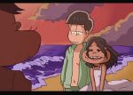  1girl 2boys amaizake beach bindi brown_hair couple dayoon dayoon_girl dress facial_hair hair_down highres hood hoodie letterboxed looking_down male_swimwear matsuno_choromatsu multiple_boys navel ocean open_clothes open_hoodie osomatsu-san stubble sundress sunset v_arms 