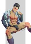  1boy abs artist_name ass_visible_through_thighs bara black_hair blush bulge collared_shirt evinist formal grey_hair highres jacket jockstrap larry_(pokemon) looking_at_viewer male_focus male_underwear manly mature_male multicolored_hair muscular muscular_male necktie nipples pectorals pokemon pokemon_(game) pokemon_sv shirt signature simple_background socks solo spread_legs suit thick_eyebrows thick_thighs thighs tight_clothes underwear 