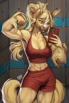  abs anthro bra breasts cacuu cleavage clothed clothing equid equine female flexing flexing_bicep fur hair hi_res holding_object holding_phone horse mammal muscular muscular_anthro muscular_female phone scarlett_(elusivejackal) selfie solo sports_bra tail underwear 
