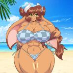  abs anthro beach big_breasts bikini bovid bovine breasts brown_body brown_fur brown_hair butt_from_the_front cattle cleavage clothed clothing curvy_figure day eyebrow_through_hair eyebrows female floppy_ears fur green_eyes hair hand_on_hip hi_res horn huge_breasts las_lindas long_ears long_hair looking_at_viewer mammal mastergodai mora_linda muscular muscular_anthro muscular_female outside portrait seaside smile solo standing swimwear thick_thighs three-quarter_portrait translucent translucent_hair voluptuous water webcomic webcomic_character wide_hips 