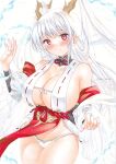  1girl alternate_breast_size azur_lane bare_shoulders breasts center_opening detached_sleeves dragon_horns hair_on_horn highres horns huge_breasts japanese_clothes long_hair looking_at_viewer panties pelvic_curtain red_eyes revealing_clothes ribbon-trimmed_clothes ribbon_trim see-through see-through_sleeves shimanto_(azur_lane) shin_kun30 solo traditional_media underwear very_long_hair white_hair white_panties 