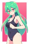  1girl absurdres black_one-piece_swimsuit blush breasts buzzlyears cleavage collarbone covered_navel green_hair highres long_hair looking_at_viewer medium_breasts mega_man_(series) mega_man_zx one-piece_swimsuit pandora_(mega_man) parted_lips red_eyes solo swimsuit 