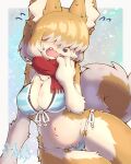  2023 acky05 anthro bikini blush blush_lines bodily_fluids breasts canid canine canis cleavage clothed clothing cute_fangs digital_media_(artwork) domestic_dog embarrassed female female_anthro flying_sweatdrops fur hair hair_over_eyes hi_res kemono mammal multicolored_body multicolored_fur multicolored_hair open_mouth scarf shiba_inu short_hair solo spitz sweat sweatdrop swimwear tan_body tan_fur tan_hair tongue two_tone_body two_tone_fur two_tone_hair white_body white_fur white_hair 