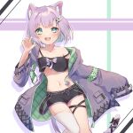  1girl :d animal_ear_fluff animal_ears black_shorts cat_ears cat_girl cat_tail commission crop_top gradient_hair green_eyes green_hair highres indie_virtual_youtuber jacket light_purple_hair long_sleeves looking_at_viewer midriff momon_mc multicolored_hair navel off_shoulder open_clothes open_jacket purple_jacket second-party_source short_hair short_shorts shorts shwaa single_thighhigh skeb_commission sleeves_past_fingers sleeves_past_wrists smile stomach strap_slip tail thigh_strap thighhighs virtual_youtuber white_thighhighs 