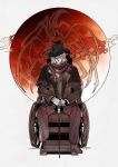  1boy bloodborne buttons cane commentary denny626 gehrman_the_first_hunter hat highres holding holding_cane looking_at_viewer monster moon moon_presence old old_man red_moon red_scarf scarf tentacles wheelchair white_background 