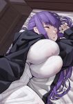  1girl black_coat breasts closed_eyes coat dress fern_(sousou_no_frieren) highres huge_breasts long_hair long_sleeves lying manzai_sugar on_bed on_side open_clothes open_coat purple_hair sleeping solo sousou_no_frieren white_dress 