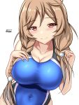  1girl blush braid breasts brown_eyes cleavage collarbone competition_swimsuit covered_navel dated highres kantai_collection large_breasts light_brown_hair long_hair looking_at_viewer minegumo_(kancolle) montemasa one-hour_drawing_challenge one-piece_swimsuit simple_background solo swimsuit twin_braids twitter_username white_background 
