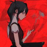  1girl abstract_background ame-chan_(needy_girl_overdose) black_eyes black_hair black_ribbon black_skirt collared_shirt drugs earrings eiri7hamono expressionless from_side hair_ornament jewelry jirai_kei medium_hair neck_ribbon needy_girl_overdose profile red_background red_shirt ribbon shirt shirt_tucked_in skirt smoke smoking solo stud_earrings suspender_skirt suspenders twintails upper_body x_hair_ornament 