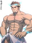  1boy abs artist_name bara brown_hair bulge commission cowboy_shot facial_hair goatee hand_on_own_hip highres large_pectorals looking_at_viewer male_focus multicolored_hair muscular muscular_male naked_towel nipples one_eye_closed pectorals pointy_ears ratio sideburns snowflakes solo sparkle sparkling_eyes terraxle thick_arms thick_eyebrows tokyo_afterschool_summoners tomte_(housamo) topless_male towel veins veiny_arms white_background white_hair 