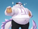  anthro behemoth_(housamo) belly clothing eyebrows fur grin hair hi_res hoodie horn lifewonders male monster navel overweight paper_bag purple_hair racesolar smile solo sparkles thick_eyebrows tokyo_afterschool_summoners topwear white_body white_fur 