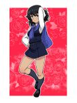  1girl andou_(girls_und_panzer) arm_up bc_freedom_school_uniform black_dress black_eyes black_hair black_socks blue_necktie blue_sweater blush closed_mouth commentary dark-skinned_female dark_skin dress dress_shirt floral_background flower full_body girls_und_panzer half-closed_eyes hand_in_own_hair hand_on_own_hip light_frown looking_at_viewer mary_janes medium_hair messy_hair necktie outline pinafore_dress pleated_dress red_background rose school_uniform shirt shoes short_dress sleeveless sleeveless_dress socks solo standing standing_on_one_leg sweater sweater_around_neck takahashi_kurage textless_version white_outline white_shirt wing_collar 