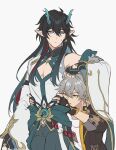  2boys bare_shoulders black_gloves black_hair black_jacket caelus_(honkai:_star_rail) chinese_clothes chinese_commentary closed_mouth dan_heng_(honkai:_star_rail) dan_heng_(imbibitor_lunae)_(honkai:_star_rail) detached_sleeves dragon_boy dragon_horns fingerless_gloves gloves green_eyes green_horns green_pants grey_hair hair_between_eyes hands_on_another&#039;s_hips highres honkai:_star_rail honkai_(series) horns hsiang_ning jacket long_hair long_sleeves looking_at_another male_focus multiple_boys open_clothes open_jacket open_mouth pants pectoral_cleavage pectorals pointy_ears red_eyeliner shirt short_hair simple_background solo_focus sweatdrop trailblazer_(honkai:_star_rail) upper_body white_background white_shirt yaoi yellow_eyes 