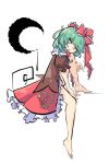  1girl crescent full_body green_eyes green_hair highres kagiyama_hina looking_at_viewer medium_hair one-hour_drawing_challenge primsla red_ribbon red_skirt ribbon simple_background sitting skirt solo touhou white_background 